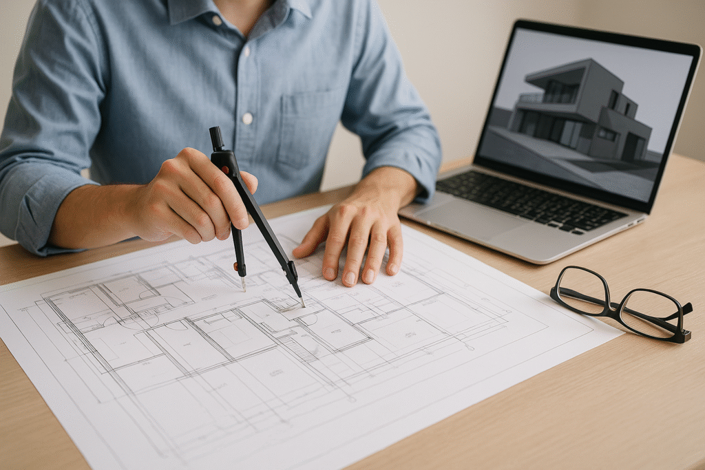 Engenheiro civil analisando projeto de construção em Portugal