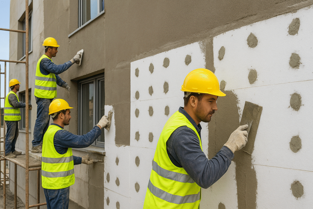 Trabalhadores da construção civil aplicando Sistema Capoto em prédio moderno com placas de isolamento térmico.
