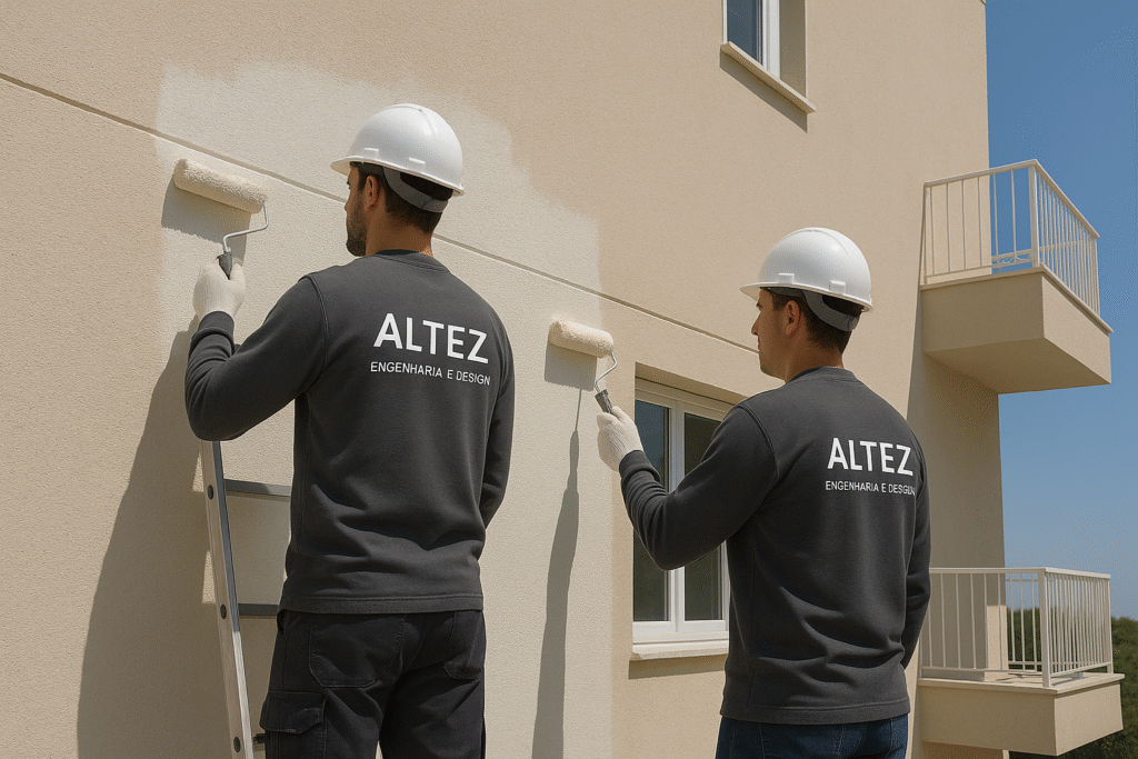 Equipe da Altez Engenharia realizando pintura de fachada em prédio residencial